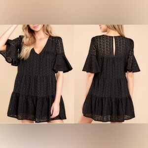 Mustard Seed Black Eyelet Short Swing Dress Size L NWT